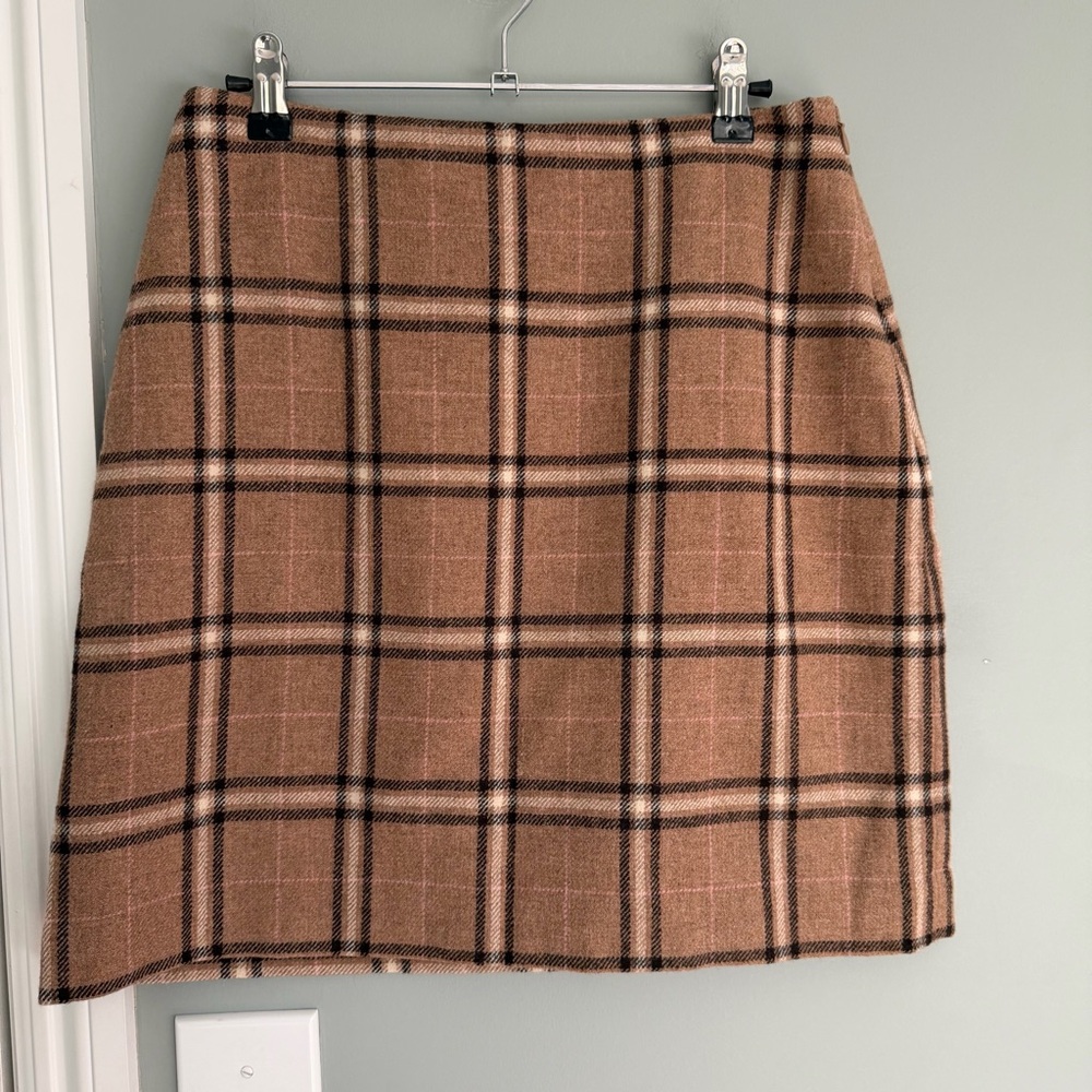 Ann Taylor Wool Blend Plaid Tan Beige Black Cream Pink Mini Skirt Workwear